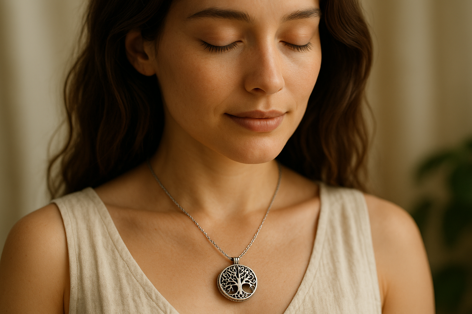 A beautiful woman wearing a tree of life aromatherapy pendant 